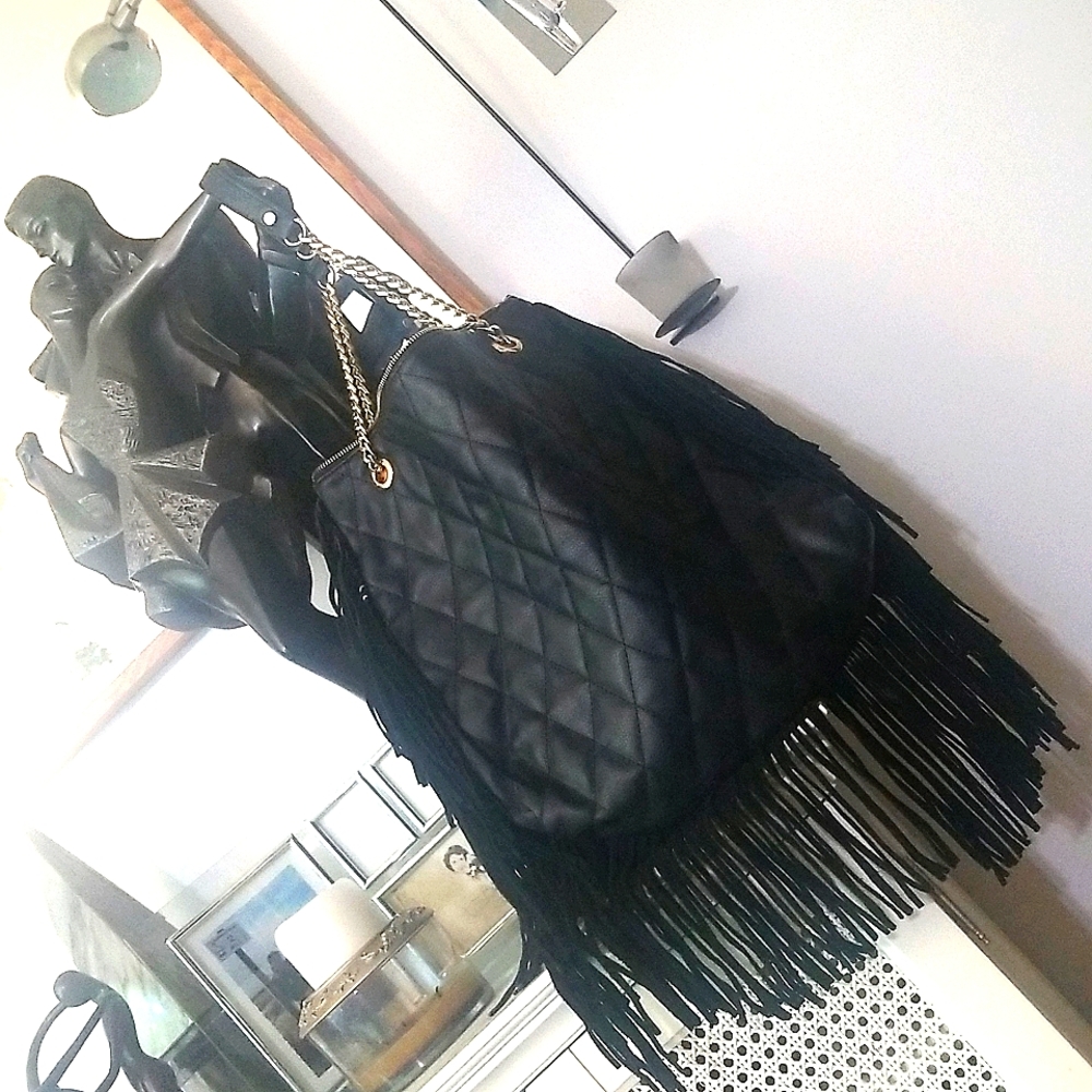 Black quilted fringe bag